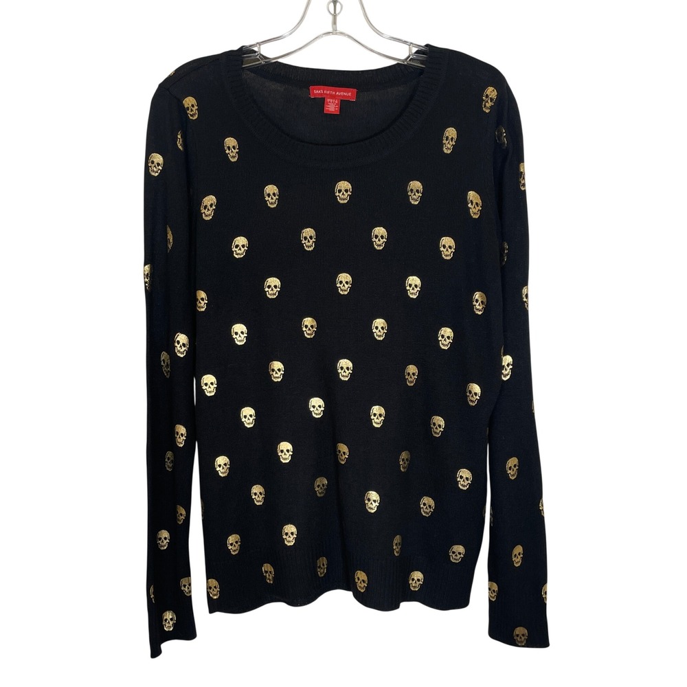 Saks Fifth Avenue Skull Sweater Black Gold Metallic Knit Halloween Spooky Large